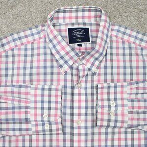 Charles Tyrwhitt Shirt Mens Large Pink/Black/White Slim Fit Non Iron L/S Cotton